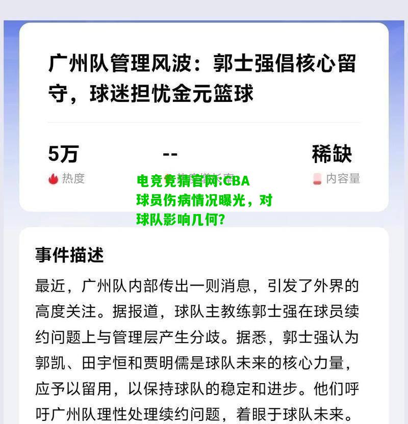 电竞竞猜官网:CBA球员伤病情况曝光，对球队影响几何？